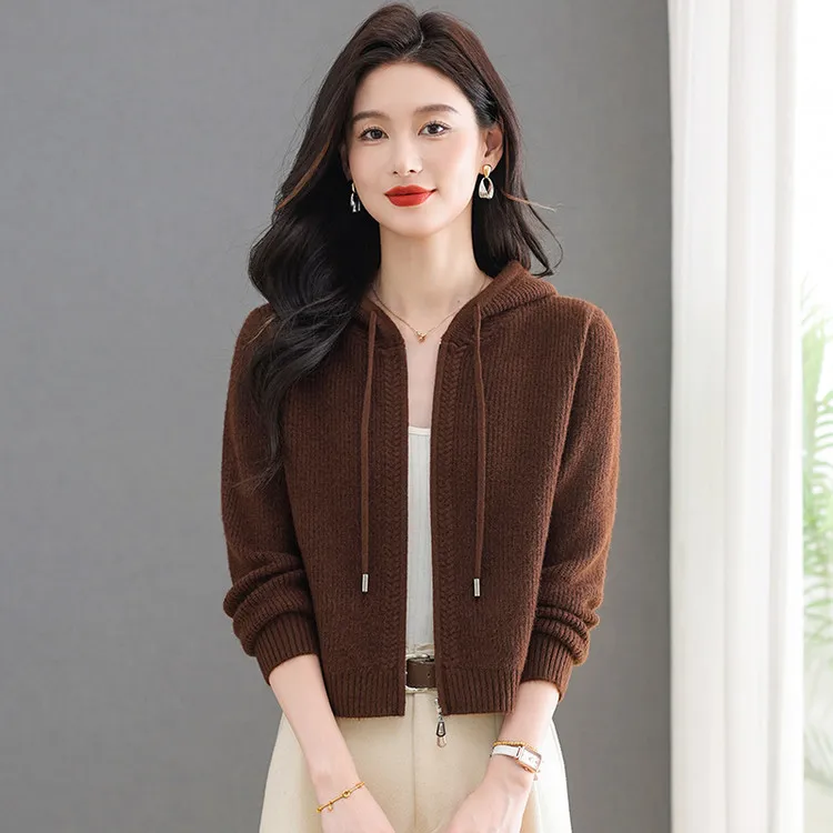 俞兆林连帽针织开衫小个子女士短款2025春秋时尚洋气拉链毛衣外套