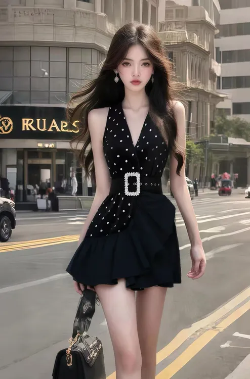 夏季新款黑色V领波点系带收腰无袖连衣裙女小众设计高级感连衣裙