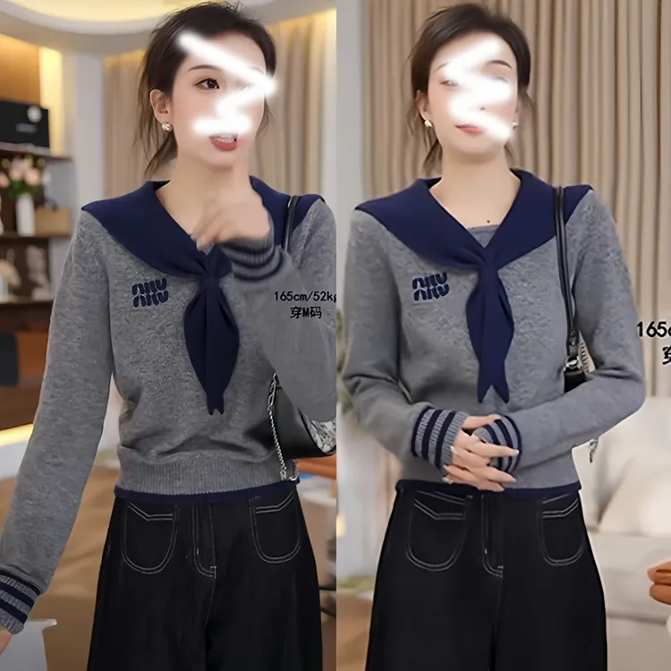韩系海军领假两件针织打底衫女秋冬款时尚上衣字母刺绣毛衣设计感