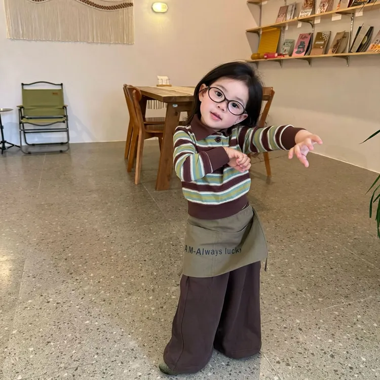 壹妈韩版童装女童秋装套装洋气儿童条纹长袖上衣休闲屁帘阔腿长裤