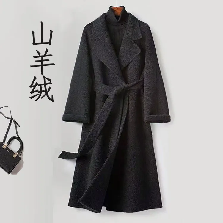 韩版战袍山双面羊绒大衣中长款手工羊毛呢子外套秋冬百搭气质翻领