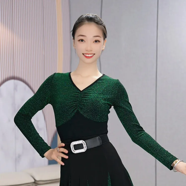 拉丁舞洋气新款长袖摩登舞衣银丝拼接上衣女交谊舞跳舞服装时尚感