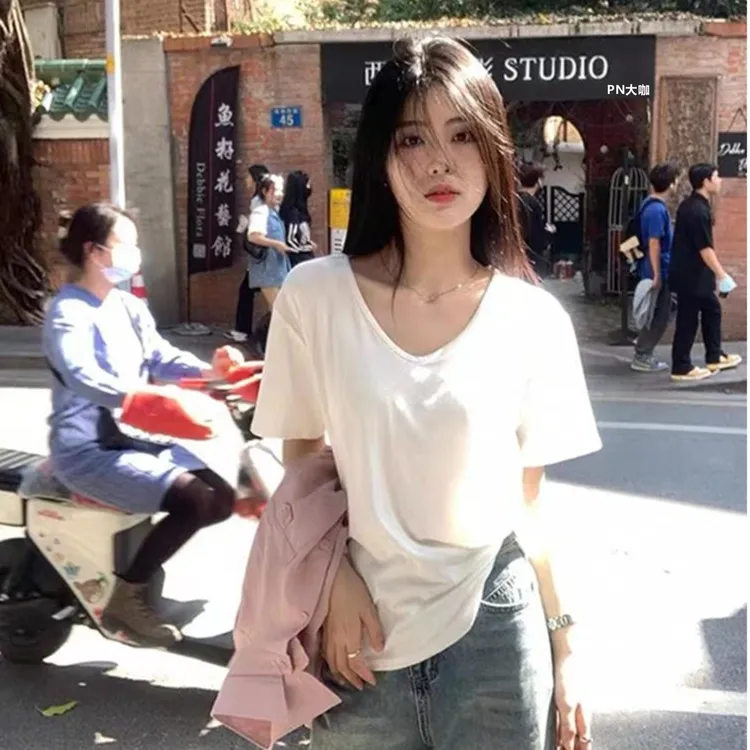 【PN大咖】网红短袖白色大领口时尚V领t恤正肩夏宽松显瘦内搭上衣女
