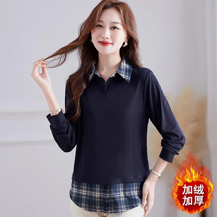 加绒假两件格子衬衫女长袖春秋新款洋气减龄卫衣百搭单设潮流上衣