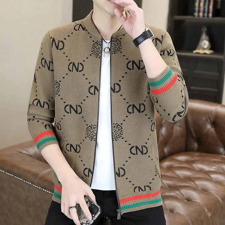 青年休闲夹克男立领韩版修身个性棒球服春秋季针织开衫毛衣外套潮