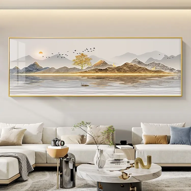 流水生财客厅装饰画中式沙发背景墙挂画迎客松禅意茶室山水壁画