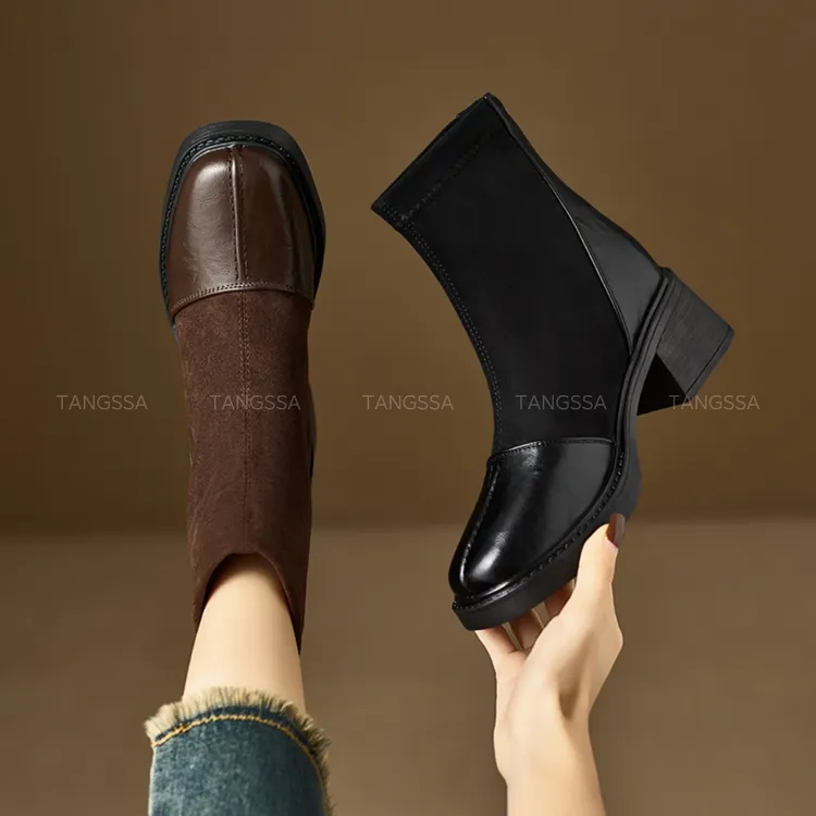 【运费险】时尚方头中跟女靴粗跟千金风复古短靴百搭防滑绒皮7020