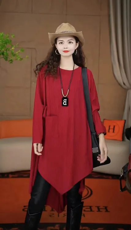 029（安言服饰）中长款创意立体裁剪显瘦长袖上衣纯色洋气新款宽松
