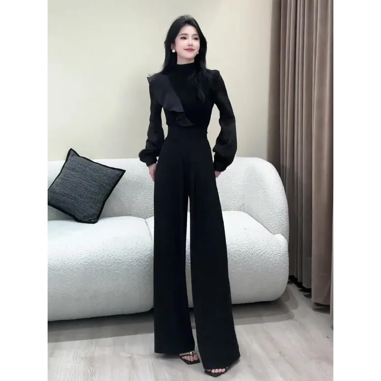 入秋一整套女装网红洋气炸街荷叶边拼接长袖显瘦西装阔腿裤两件套