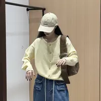 韩系纯色奶fufu温柔风圆领长袖针织开衫