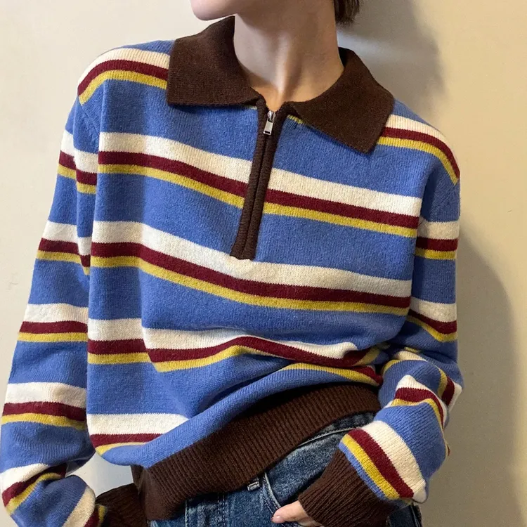 2025秋季洋气慵懒风polo领条纹撞色减龄针织衫柔软毛衣长袖女上衣