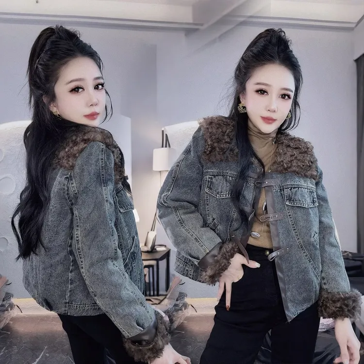 时尚加棉加厚牛仔外套女2025秋冬新款港风洋气显瘦百搭休闲风外套