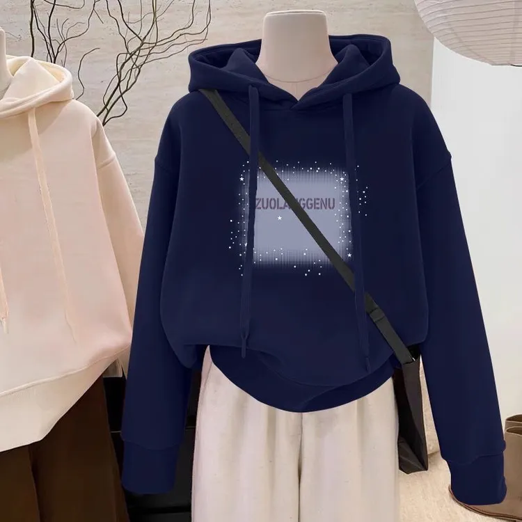 设计感小众秋冬新款2025加绒加厚套头连帽卫衣女短款宽松韩版外套