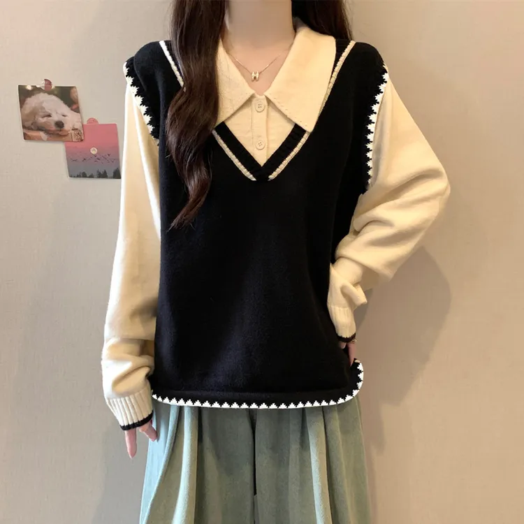 大码假两件马甲拼接POLO领毛衣女秋冬胖mm宽松显瘦百搭洋气针织衫