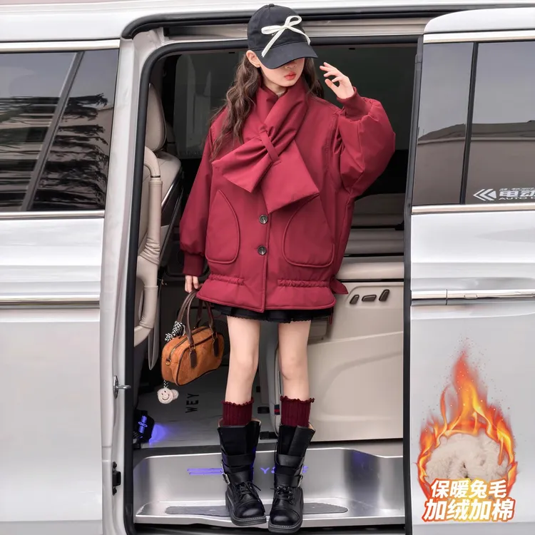 女童冬季围巾领棉衣2026新款女大童冬季保暖时尚外套加绒加厚棉服