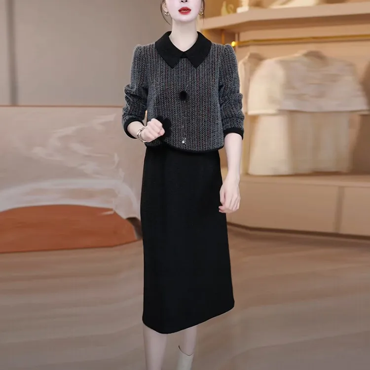 贵妃绒气质高贵女装2025秋冬季新款长袖中长款加厚假两件连衣裙子