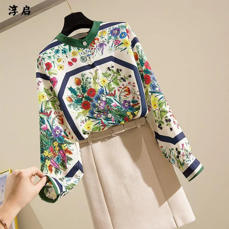 淳启洋气花色复古名族风雪纺衫衬衫新款女装气质女士长袖碎花衬衣