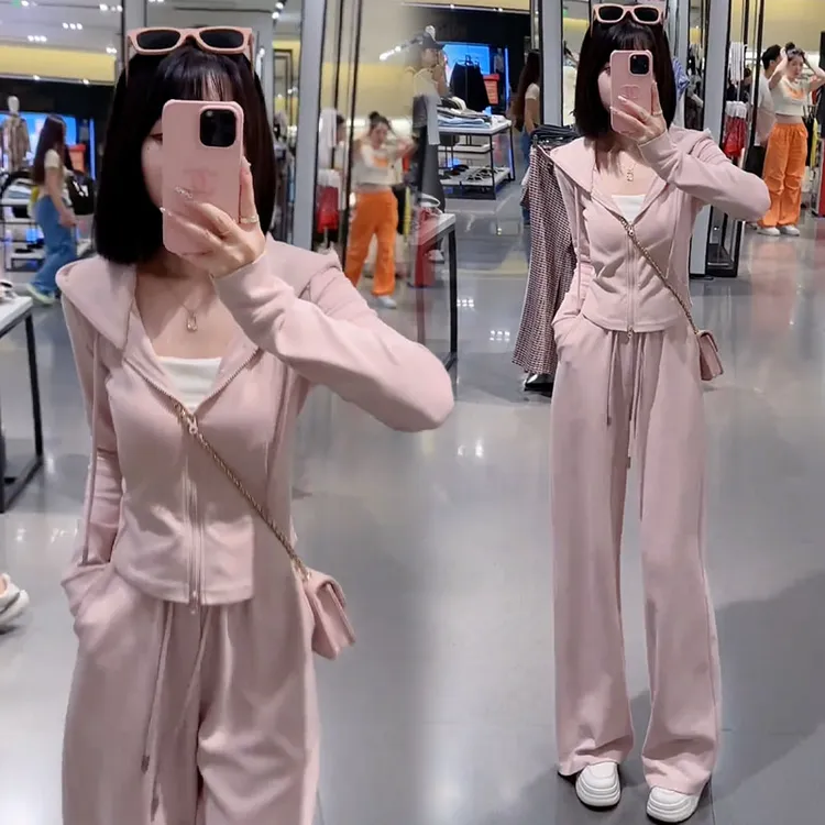 高含棉休闲套装女2026年春秋季新款时尚连帽卫衣高腰阔腿裤两件套