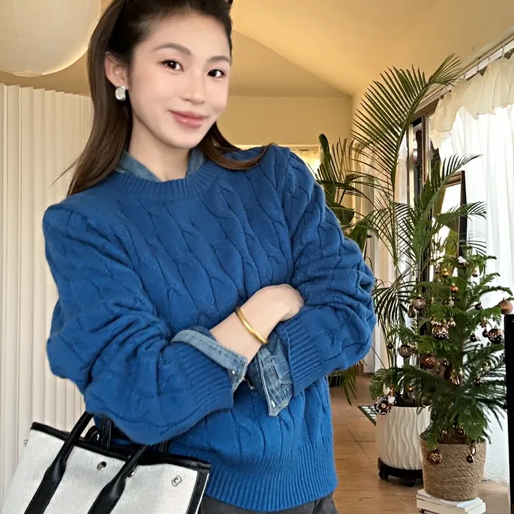 现货运费险~克莱因蓝色套头针织衫女2025秋季新款内搭上衣秋冬圆领麻花毛衣