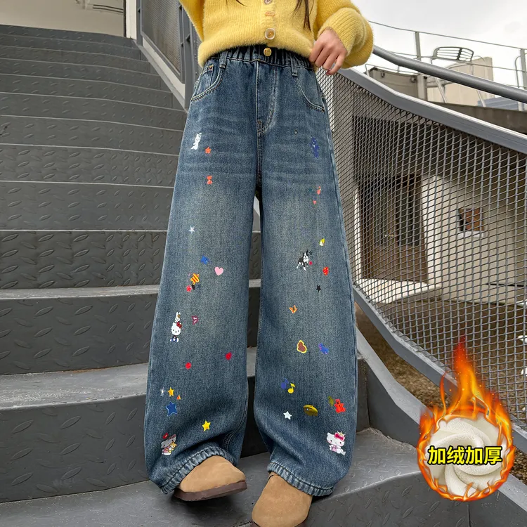 女童加绒裤子秋冬季外穿洋气儿童阔腿裤儿童一体绒加厚直筒牛仔裤