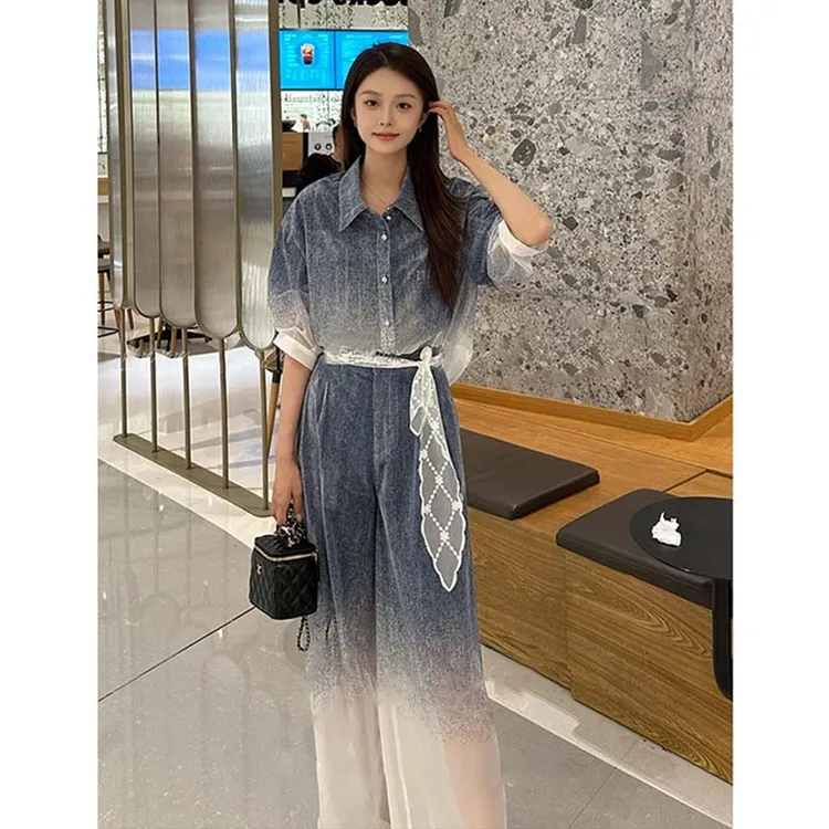 【两件套】【送腰带】新款夏季时尚复古渐变衬衫阔腿裤套装D2126
