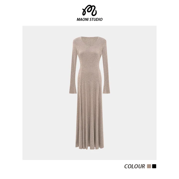 毛妮LADIESFIRST【优雅千金】秋冬温柔气质V领针织连衣裙女 L2396