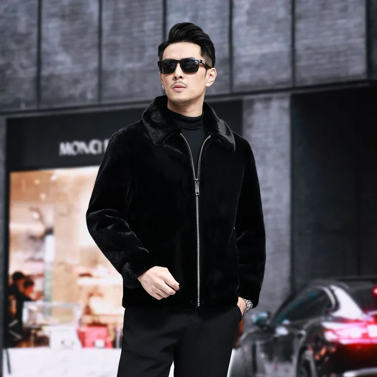 【刘大美专属】海宁男士翻领款休闲男外套时尚黑色男款保暖