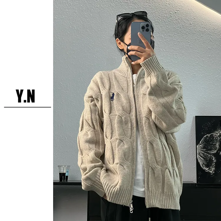 （含羊绒绵）秋季2025刺绣毛衣外套双拉链休闲加厚男士立领针织开衫