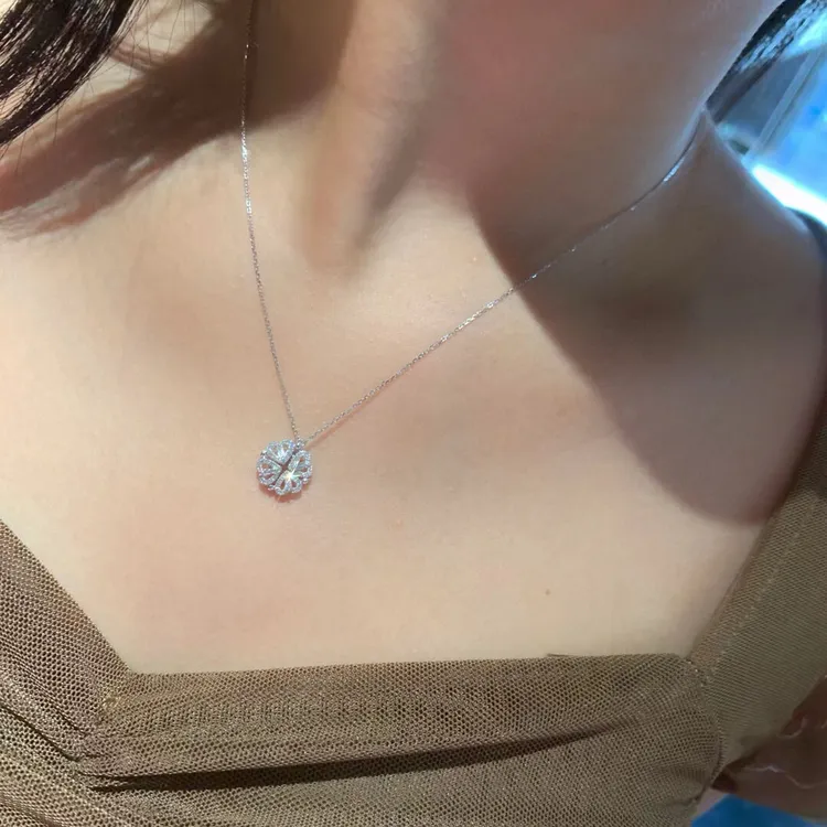 坠链均足银合成锆石 990足银旋转桃心四叶草纯银女项链气质轻奢