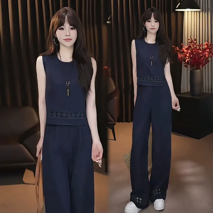 时尚套装女2025夏季新款时髦洋气设计感无袖上衣阔腿裤气质两件套