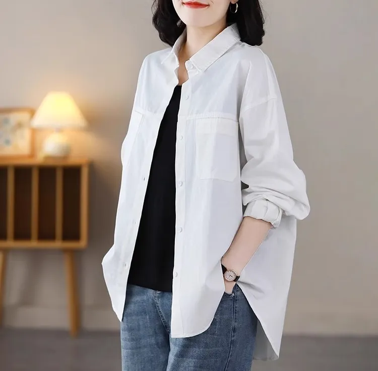2025年秋季新款韩版文艺纯色长袖衬衫女大码宽松简约休闲翻领衬衣