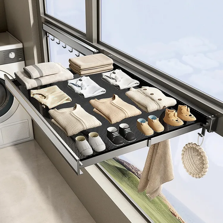 高品质阳台晾衣架壁挂式网布晾晒架折叠晾衣网浴室置物架伸缩平铺