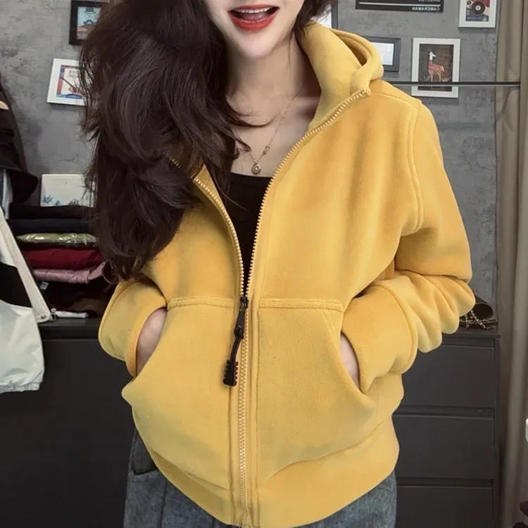 加绒加厚双面奥粒绒连帽外套女秋冬新款宽松设计休闲百搭开衫上衣