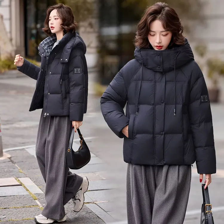 冬季宽松显瘦短款连帽羽绒棉服女拼接格子设计感加厚保暖外套