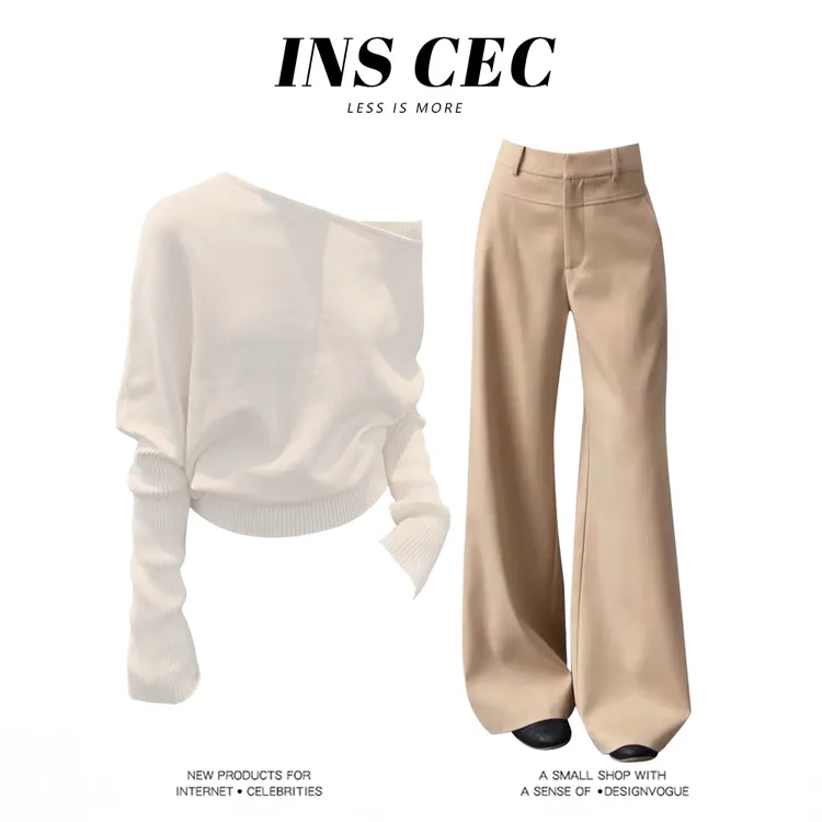 INS CEC韩式设计感轻奢露肩针织衫简约直筒休闲裤时尚早秋两件套
