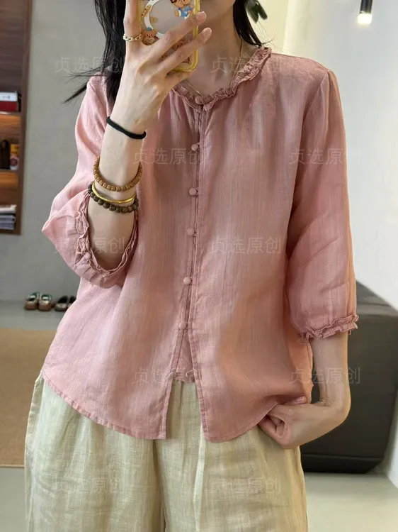 D161-气质百搭木耳边衬衫夏季宽松显瘦休闲薄上衣