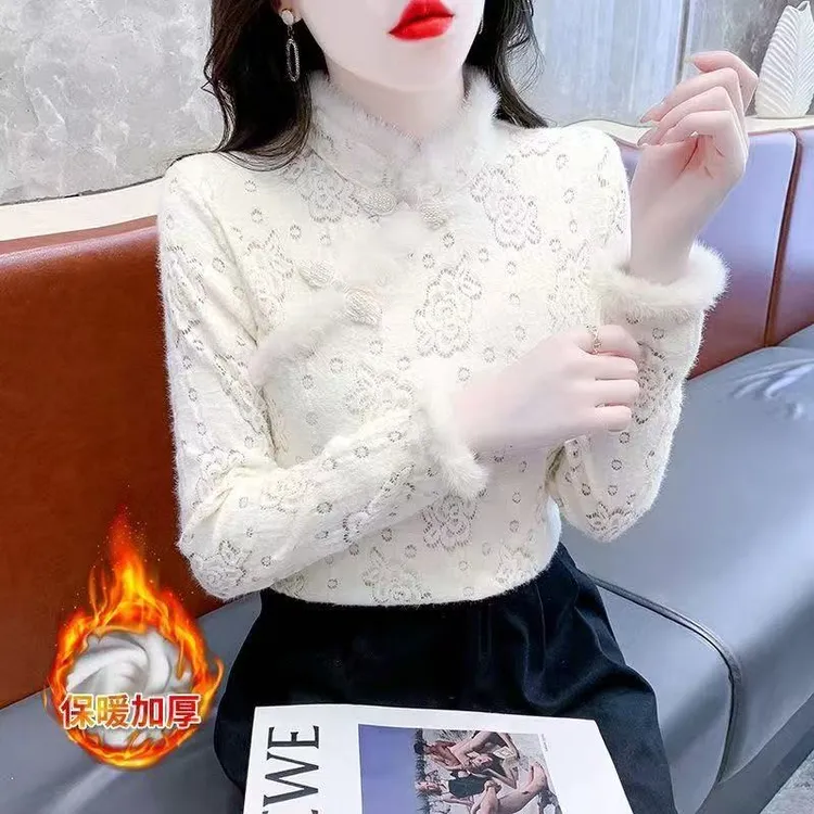 加绒蕾丝打底衫女2025秋冬新款长袖时尚洋气保暖国风内搭上衣8858