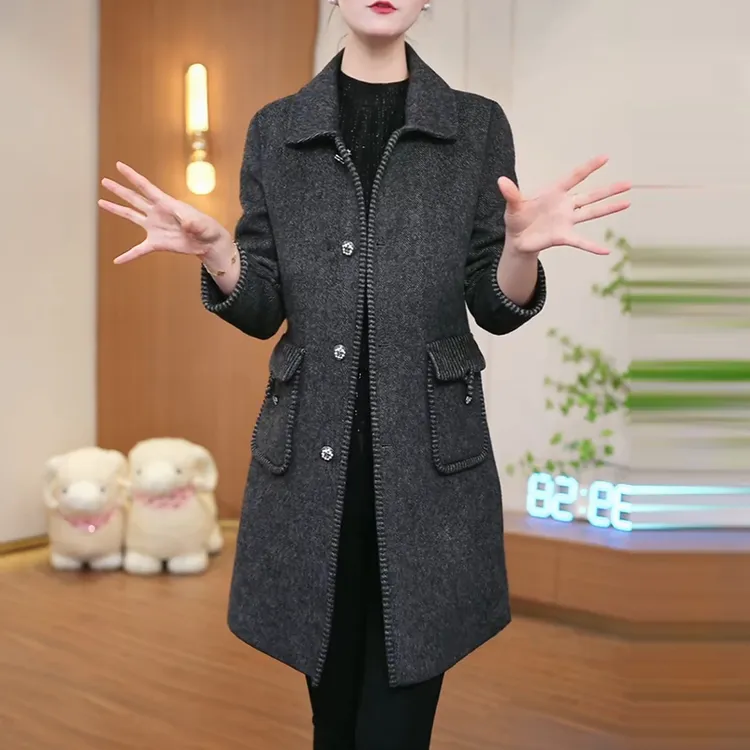 时尚长袖双面外套女2025秋冬新款中年妈妈气质显瘦中长款毛呢大衣