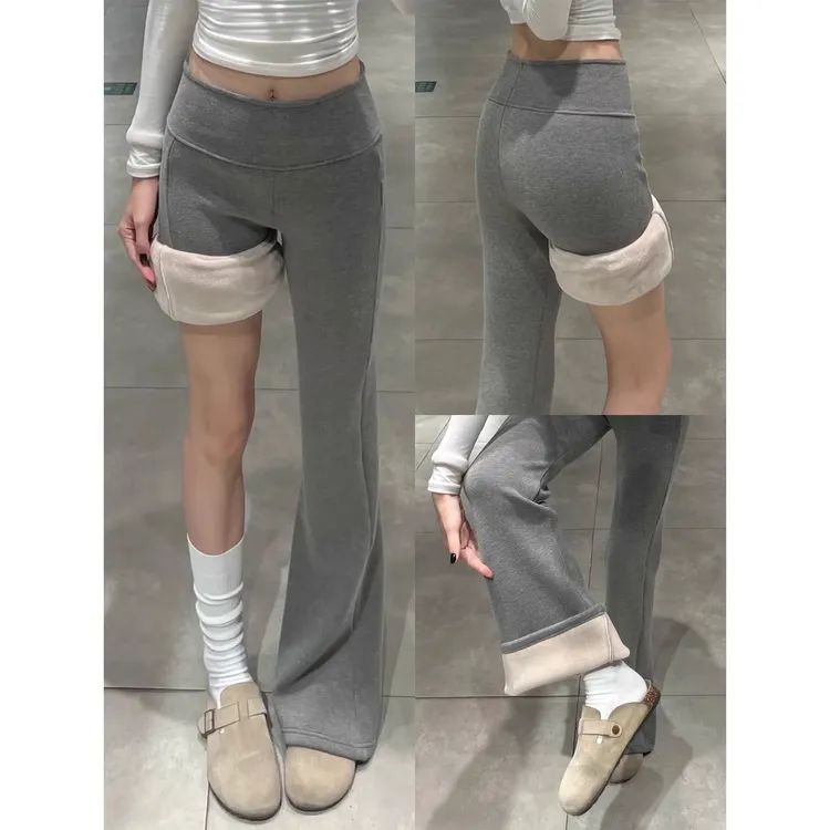 浅灰色微喇叭加绒运动休闲裤女秋冬新款高腰修身显瘦小个子卫裤子
