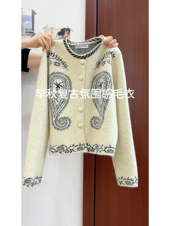 2025年秋冬季新款印花韩版圆领休闲百搭长袖时尚设计感针织衫上衣