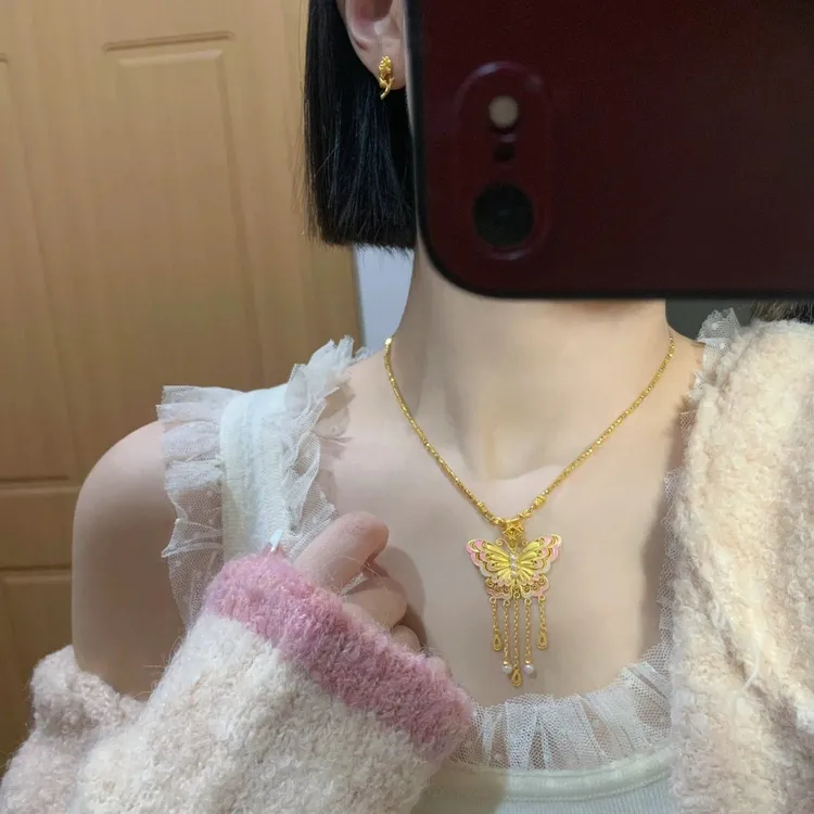 铜合金项链 精致烧蓝粉色花丝蝴蝶复古迷人个性轻奢气质百搭金色