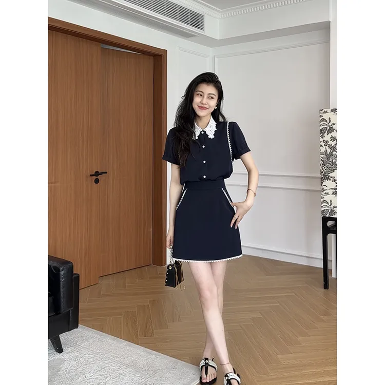张阿星【夏日恋曲】新贵风时尚蕾丝花边翻领设计感短袖衬衫半裙套装