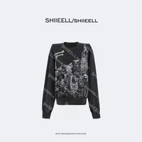 SHIIEELL【夜景日记】设计感棉质品牌爆闪贴钻圆领正肩卫衣Z1139