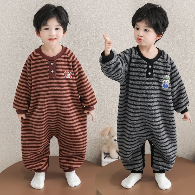 宝宝睡袋薄绒儿童秋冬珊瑚绒男孩加厚婴幼儿连身爬服男童连体睡衣
