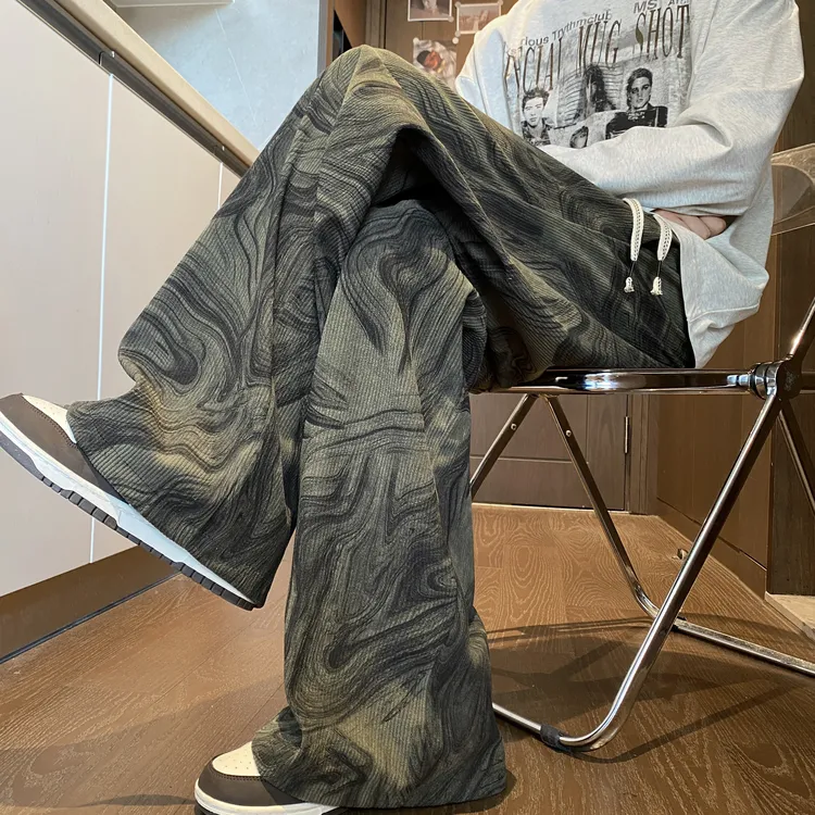 扎染灯芯绒裤子男春秋款美式设计感阔腿裤潮牌美式青少年休闲长裤