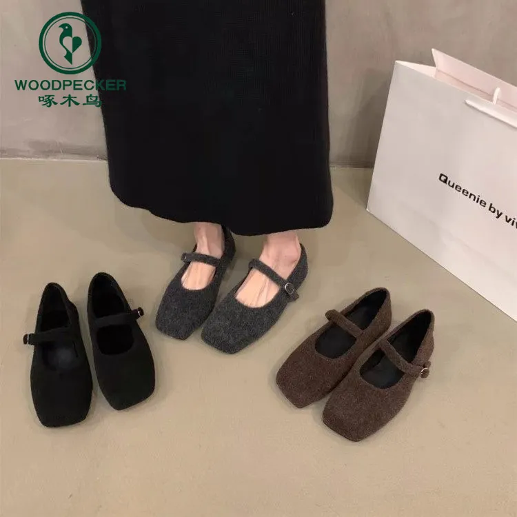 啄木鸟法式毛毛玛丽珍鞋女2025秋季新款洋气平底单鞋晚晚加绒棉鞋