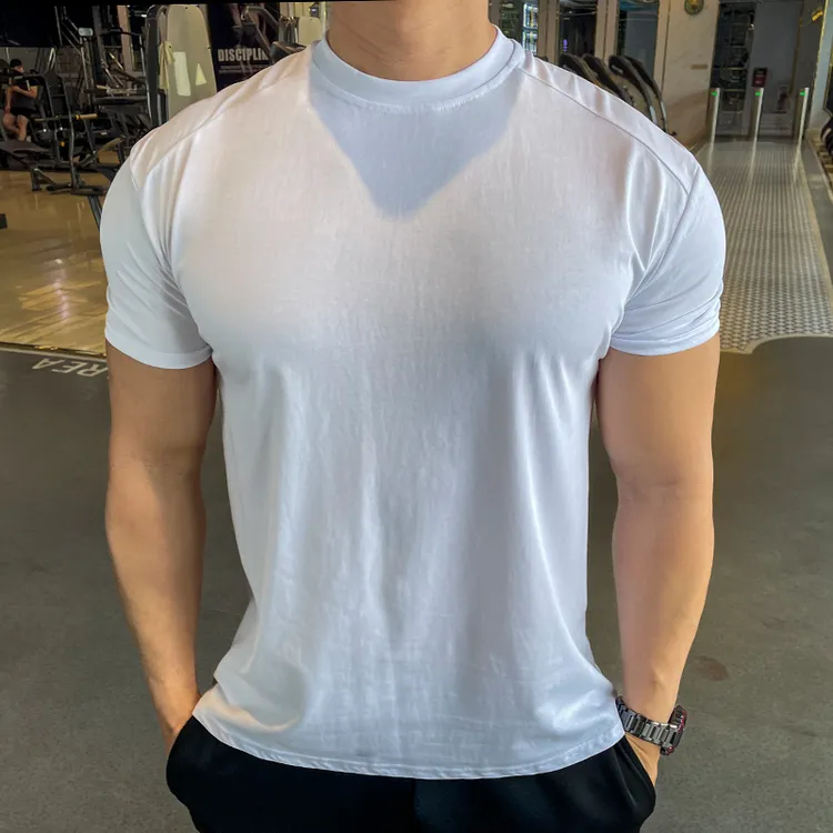   夏季新款男士跑步训练运动健身上衣棉短袖t恤高弹休闲