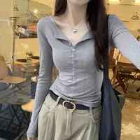 纯欲风辣妹纽扣半开领收腰长袖T恤女早秋修身正肩打底衫上衣8257
