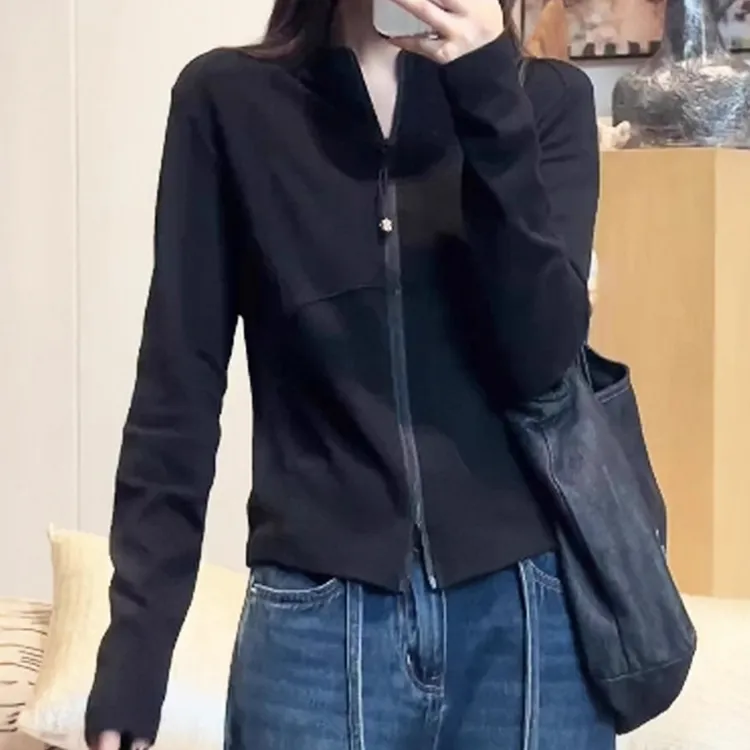 时尚洋气修身百搭开衫上衣潮2025早秋胖MM时尚纯色立领长袖T恤女