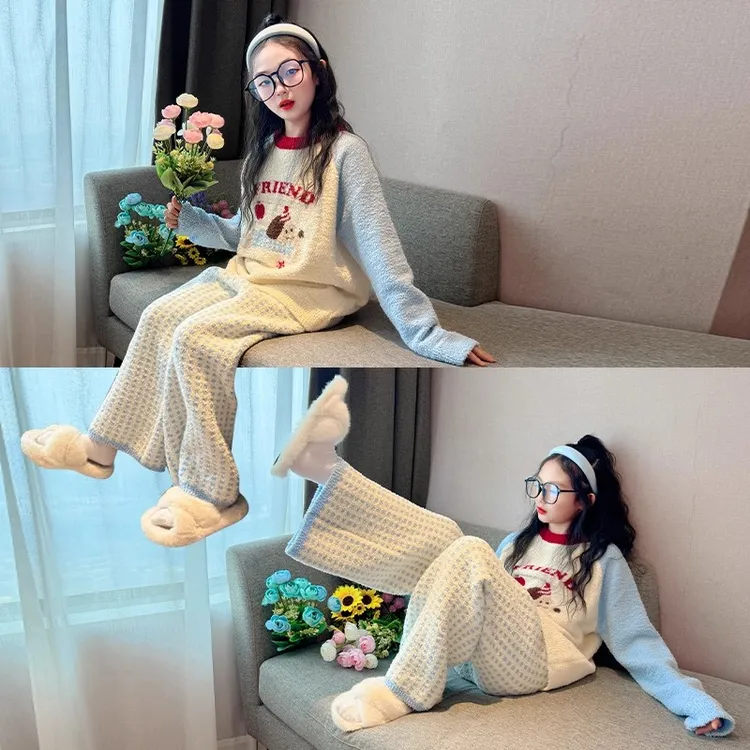 秋冬女童珊瑚绒睡衣2025新款初中生女孩半边绒家居服儿童居家套装